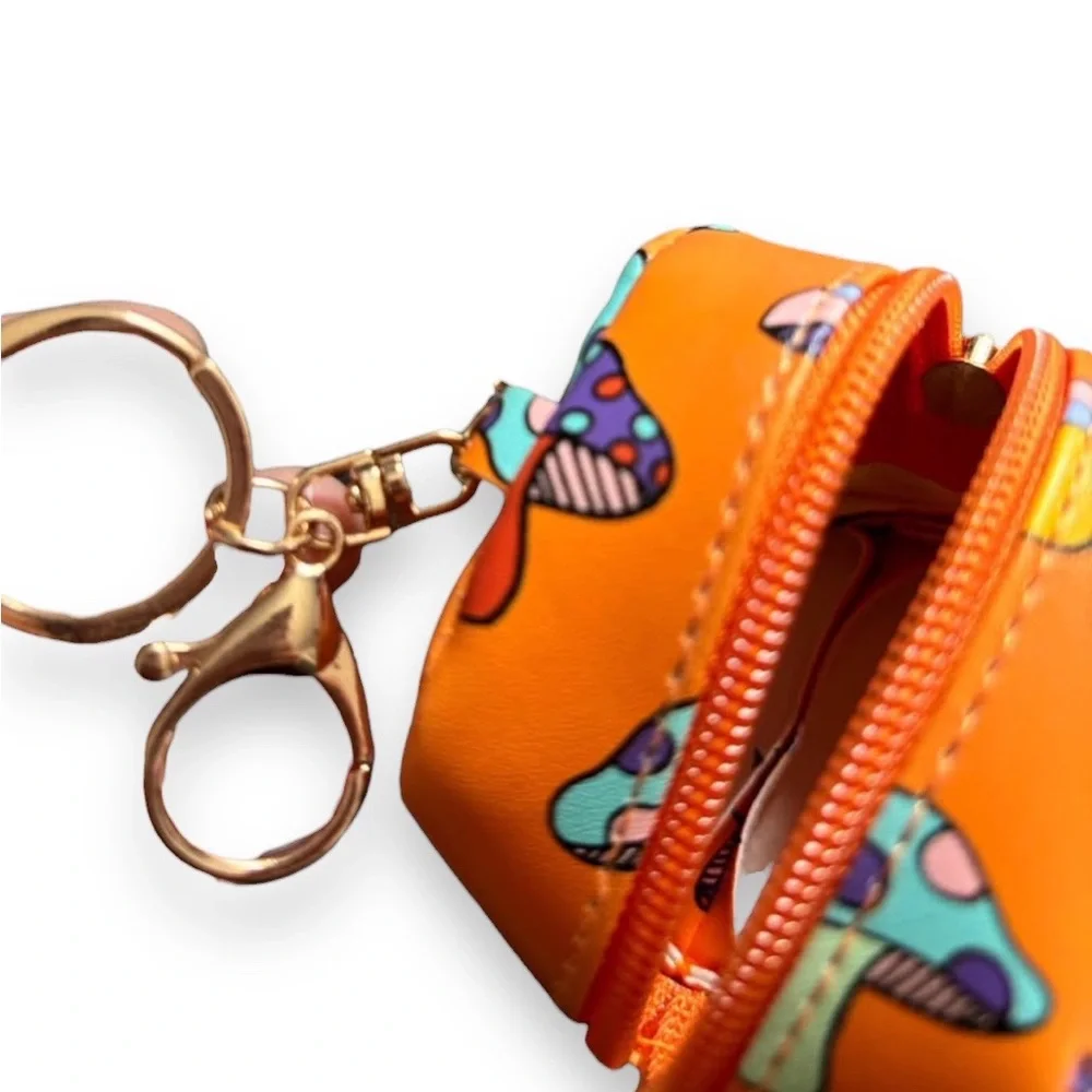 Orange Mushroom Print Coin Pouch Keychain